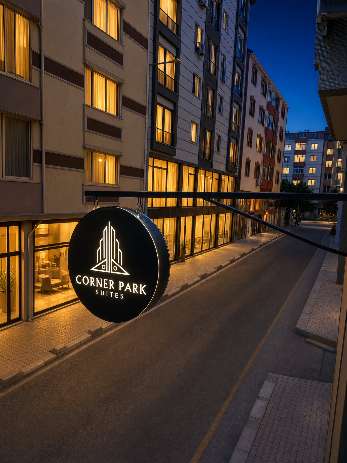 Akşam saatlerinde ışıklı Corner Park Suites tabelası ve otel sokağı